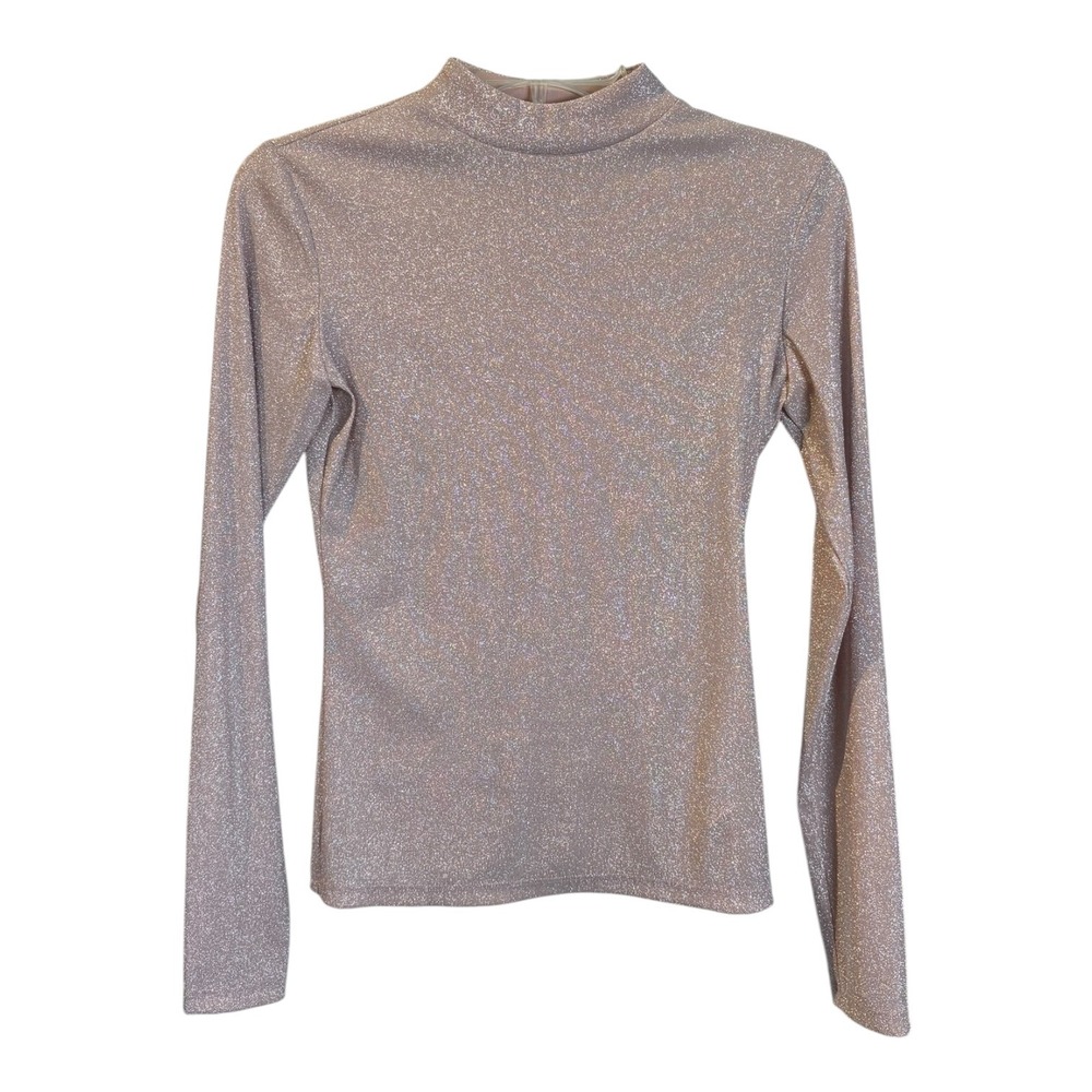 Reformation Junie Sparkle Top Rose Gold Metallic Mock Neck Long Sleeve Size S